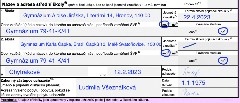 vyplněná přihláška na střední školu