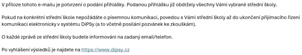 e-mailové potvrzení podání přihlášky v DIPSY